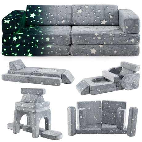 10 Pcs Modular Kids Play Couch, Toddler Sectional Sofa Glow in the Dark, Convertible Baby Sofa & Floor Cushion