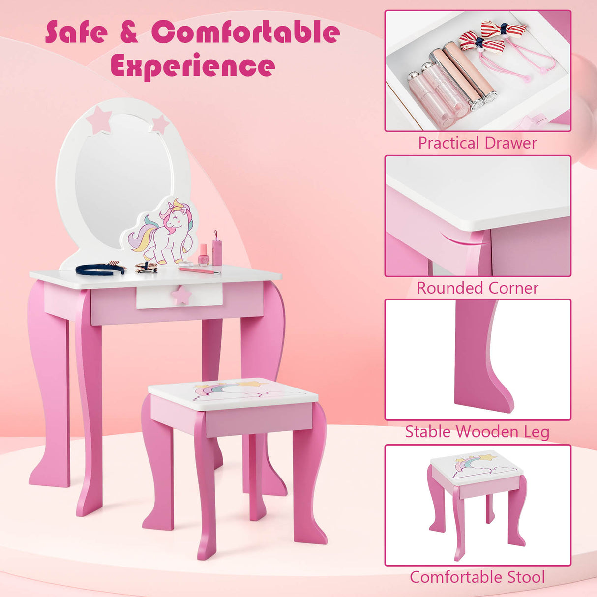 HONEY JOY Kids Vanity Set with Mirror, 2 in 1 Wooden Princess Makeup Dressing Table, TOP 50 Bonus Trinkets Set