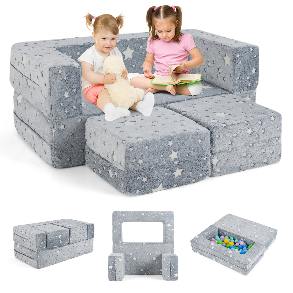 2 Seater Kids Play Couch, Glow in the Dark Modular Sofa Play Set for Toddlers, 3-in-1 Baby Fold out Sofa with Removable & Machine Washable Flannel Cover