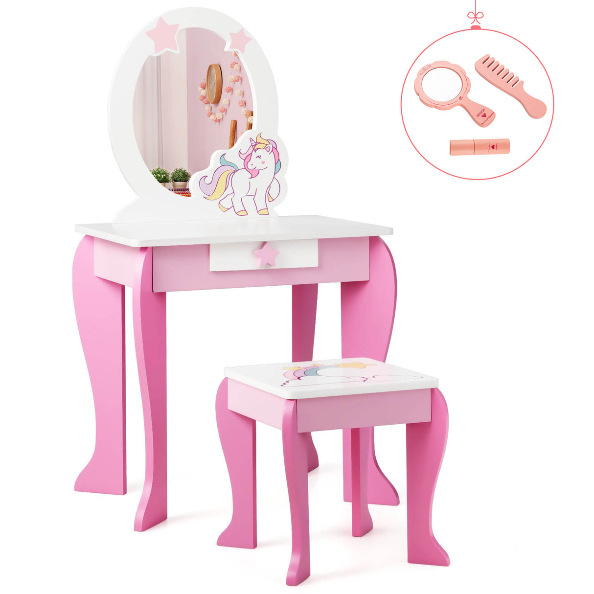 HONEY JOY Kids Vanity Set with Mirror, 2 in 1 Wooden Princess Makeup Dressing Table, TOP 50 Bonus Trinkets Set