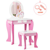 HONEY JOY Kids Vanity Set with Mirror, 2 in 1 Wooden Princess Makeup Dressing Table, TOP 50 Bonus Trinkets Set