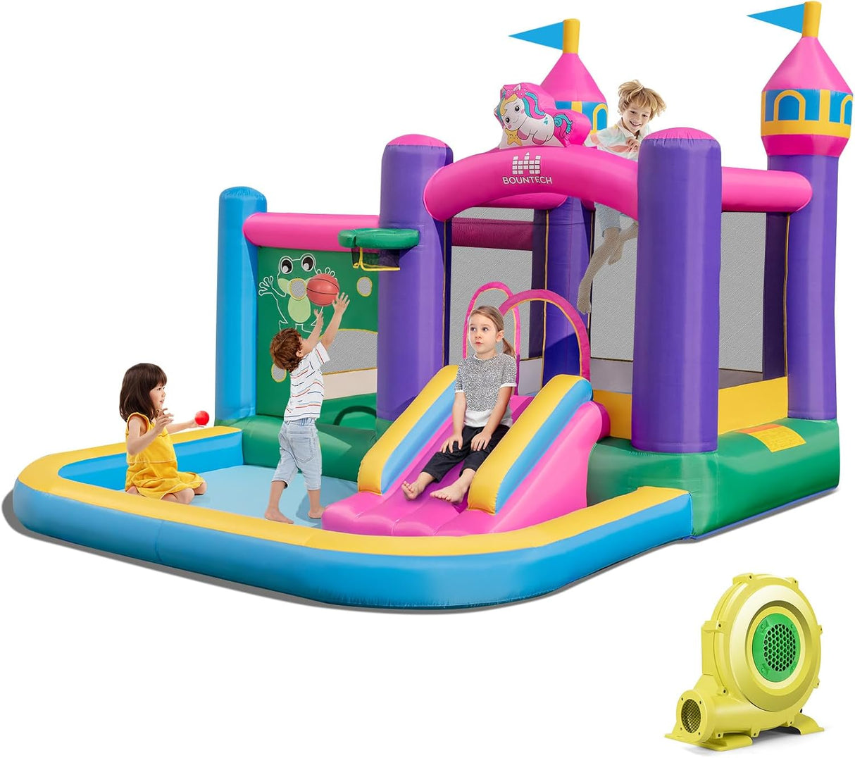 HONEY JOY Inflatable Bounce House, Colorful Kids Jumping Castle with Slide, Ball Pit Pools