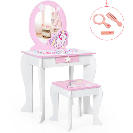 HONEY JOY Kids Vanity Set with Mirror, 2 in 1 Wooden Princess Makeup Dressing Table, TOP 50 Bonus Trinkets Set