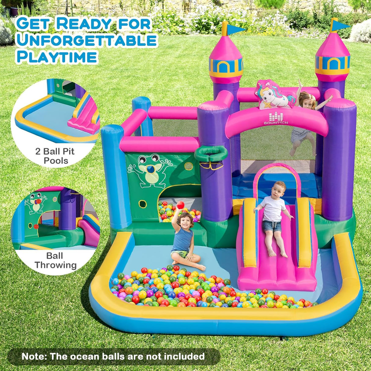 HONEY JOY Inflatable Bounce House, Colorful Kids Jumping Castle with Slide, Ball Pit Pools