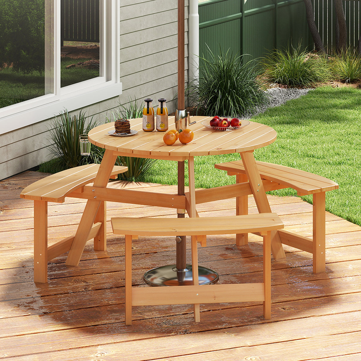 Kids Outdoor Wooden Picnic Table and Bench Set w/ Umbrella Hole, 6 Person Activity Dining Table