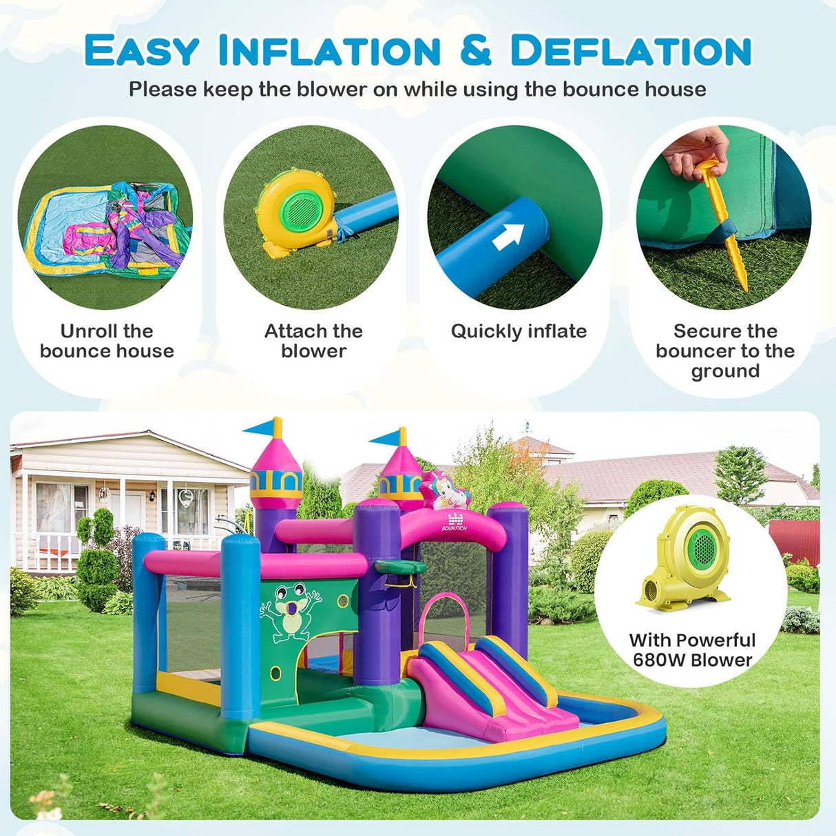 HONEY JOY Inflatable Bounce House, Colorful Kids Jumping Castle with Slide, Ball Pit Pools