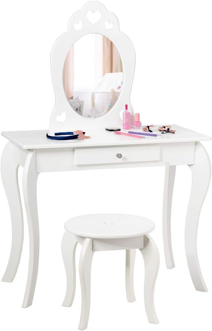 HONEY JOY Kids Vanity Set with Mirror, 2 in 1 Wooden Princess Makeup Vanity Dressing Table with Detachable Top