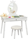 HONEY JOY Kids Vanity Set with Real Mirror & Cushioned Stool, Crown Shape Princess Makeup Dressing Table Stool Set