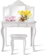 HONEY JOY 2 in 1 Kids Vanity Table & Chair Set, Princess Makeup Dressing Table with Drawer & Tri-Folding Mirror