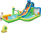 HONEY JOY Inflatable Water Slide, 9-in-1 Water Park Jumping Castle W/Ring-toss Game, Volleyball Area