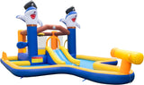 HONEY JOY Inflatable Waterslide, 6-in-1 Pirate Ship Bounce House w/Long Slide, Climbing Wall, Splash Pool