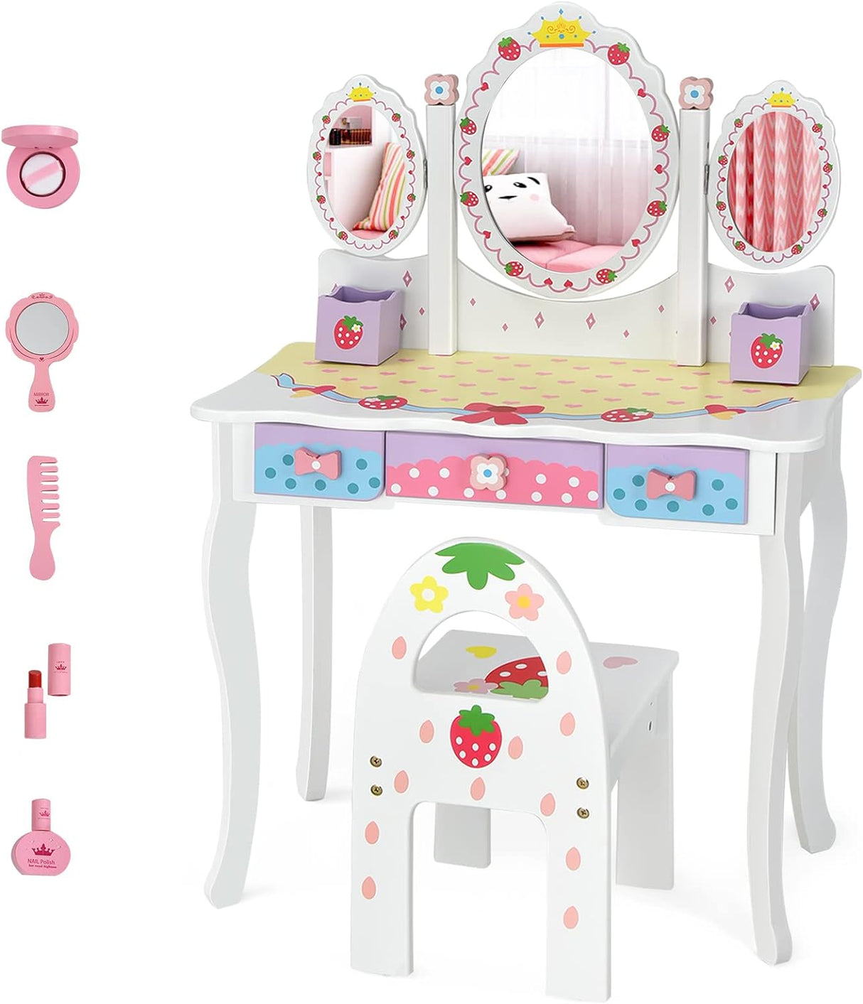 HONEY JOY 2 in 1 Kids Vanity Table & Chair Set, Princess Makeup Dressing Table with Drawer & Tri-Folding Mirror