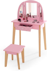 HONEY JOY 2 in 1 Kids Vanity Table & Chair Set, Princess Makeup Dressing Table with Drawer & Tri-Folding Mirror