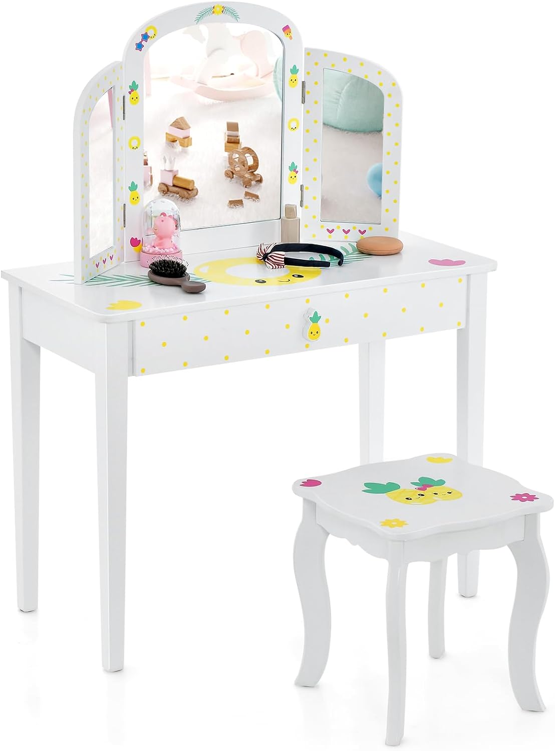 HONEY JOY Kids Vanity Table & Stool Set, Girls Makeup Dressing Desk Chair