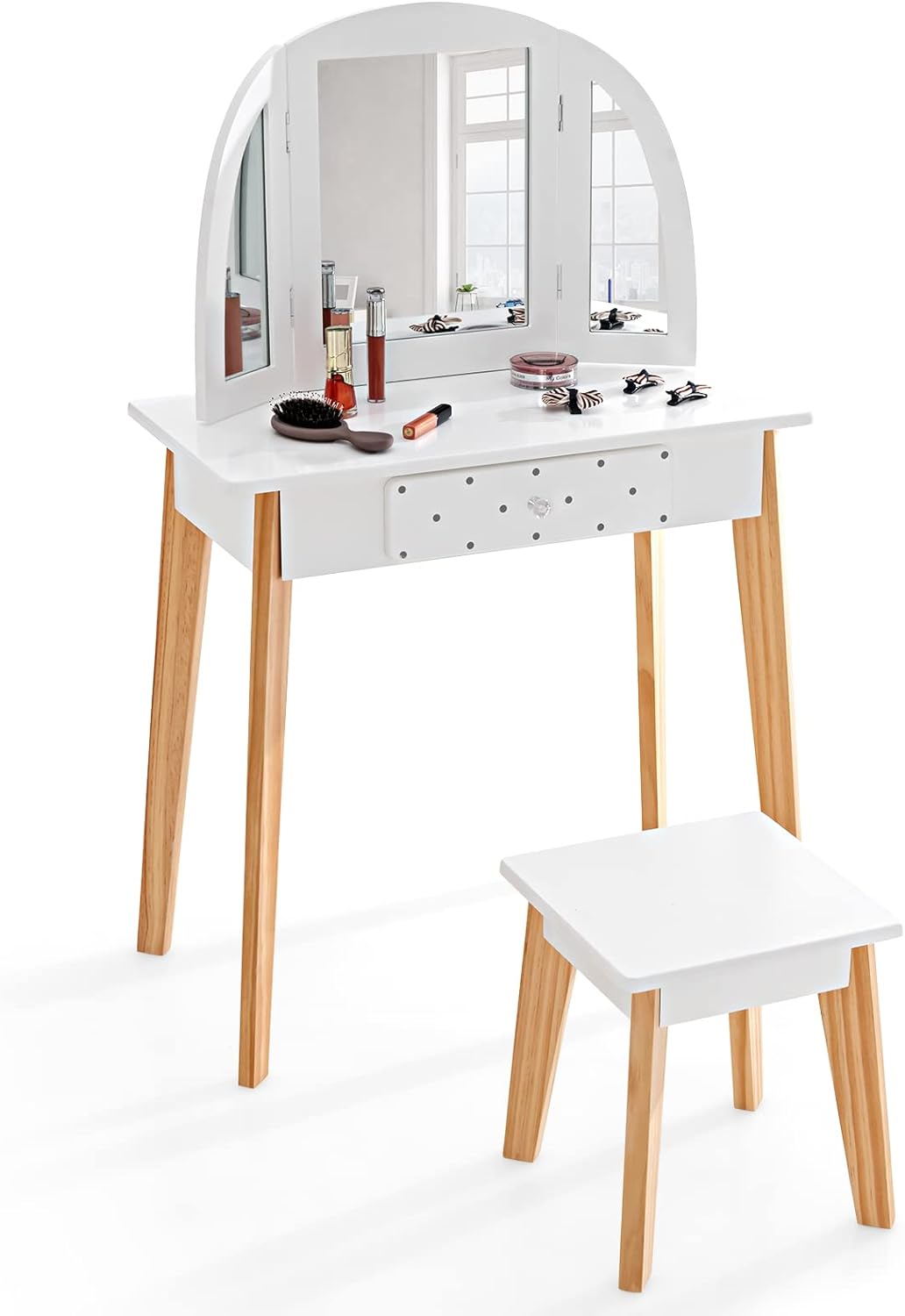 HONEY JOY 2 in 1 Kids Vanity Table & Chair Set, Princess Makeup Dressing Table with Drawer & Tri-Folding Mirror