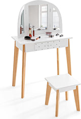 HONEY JOY 2 in 1 Kids Vanity Table & Chair Set, Princess Makeup Dressing Table with Drawer & Tri-Folding Mirror