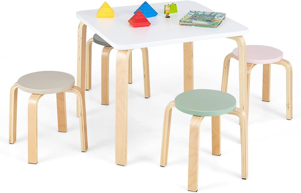 HONEY JOY 5 Pieces Kids Table & Chair Set, 1 Square Table & 4 Round Chairs