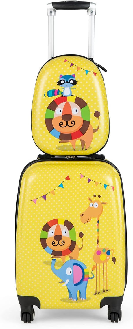 BABY JOY 2 PCS Kids Luggage Set, 13" & 18" Kids Carry On Suitcase Set, Children Travel Rolling Trolley Suitcase