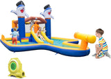 HONEY JOY Inflatable Waterslide, 6-in-1 Pirate Ship Bounce House w/Long Slide, Climbing Wall, Splash Pool