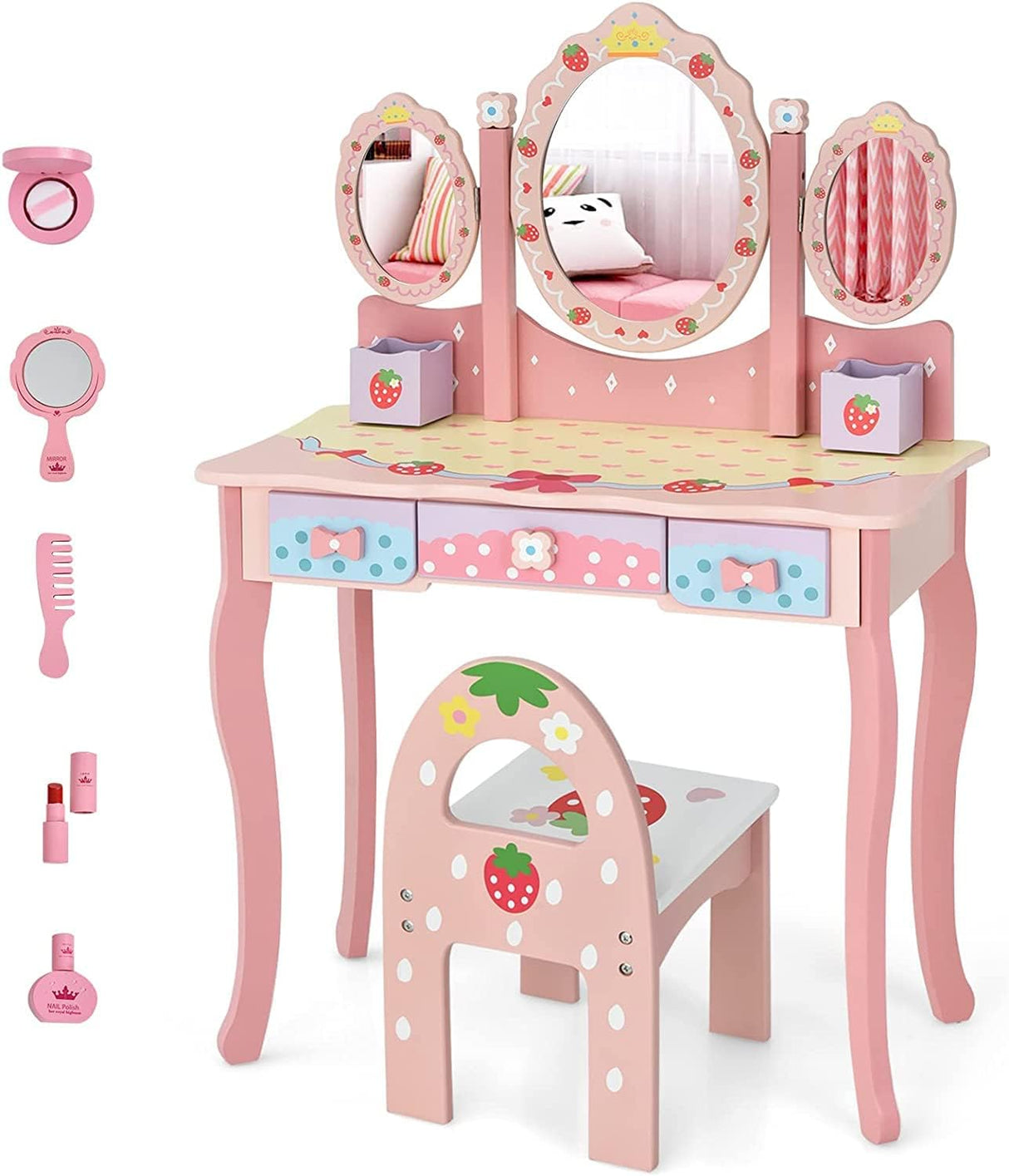 HONEY JOY 2 in 1 Kids Vanity Table & Chair Set, Princess Makeup Dressing Table with Drawer & Tri-Folding Mirror