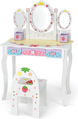 HONEY JOY 2 in 1 Kids Vanity Set w/Mirror, Cute Bunny Princess Makeup Dressing Table Stool