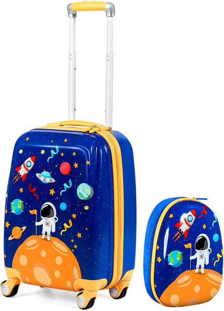 BABY JOY 2 PCS Kids Luggage Set, 13" & 18" Kids Carry On Suitcase Set, Children Travel Rolling Trolley Suitcase