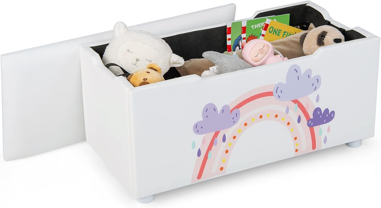 HONEY JOY Kids Toy Storage Bench, Upholstered Toy Organisation Chest with Pulling Strap, 150KG Weight Capacity