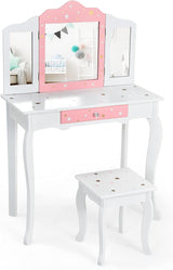 HONEY JOY 2 in 1 Kids Vanity Table & Chair Set, Princess Makeup Dressing Table with Drawer & Tri-Folding Mirror