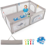 BABY JOY Baby Playpen, 205 x 147 cm Extra-Large Play Yard with 4 Pull Rings, 50 Ocean Balls & Carrying Bag