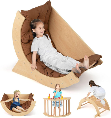 6 in 1 Climbing Arch Playset Wooden Rocker Stoppers Table w/Removable Cushion