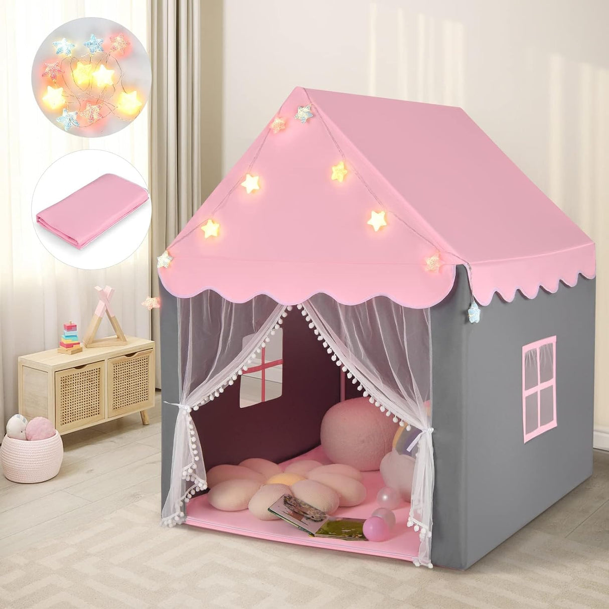 HONEY JOY Large Play Tent, Kids & Toddlers Playhouse with Washable Cotton Mat, Star Lights, Windows