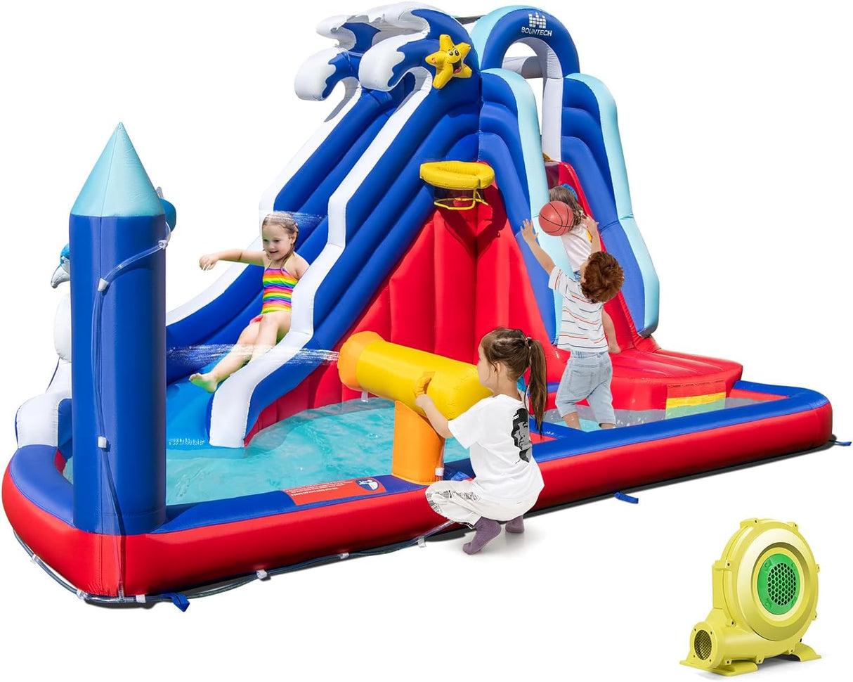 HONEY JOY Inflatable Waterslide, 6-in-1 Pirate Ship Bounce House w/Long Slide, Climbing Wall, Splash Pool