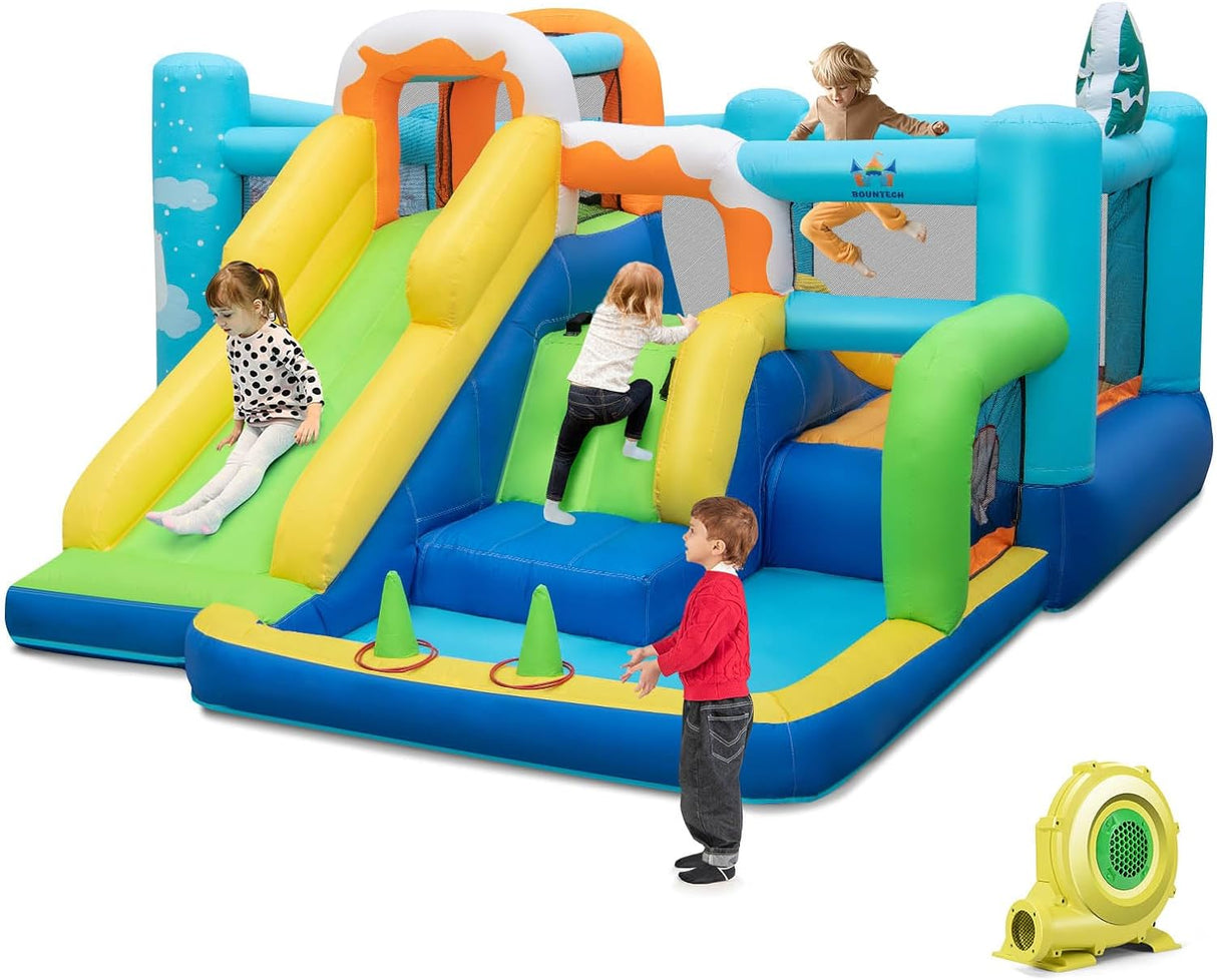 HONEY JOY Inflatable Waterslide, 6-in-1 Pirate Ship Bounce House w/Long Slide, Climbing Wall, Splash Pool