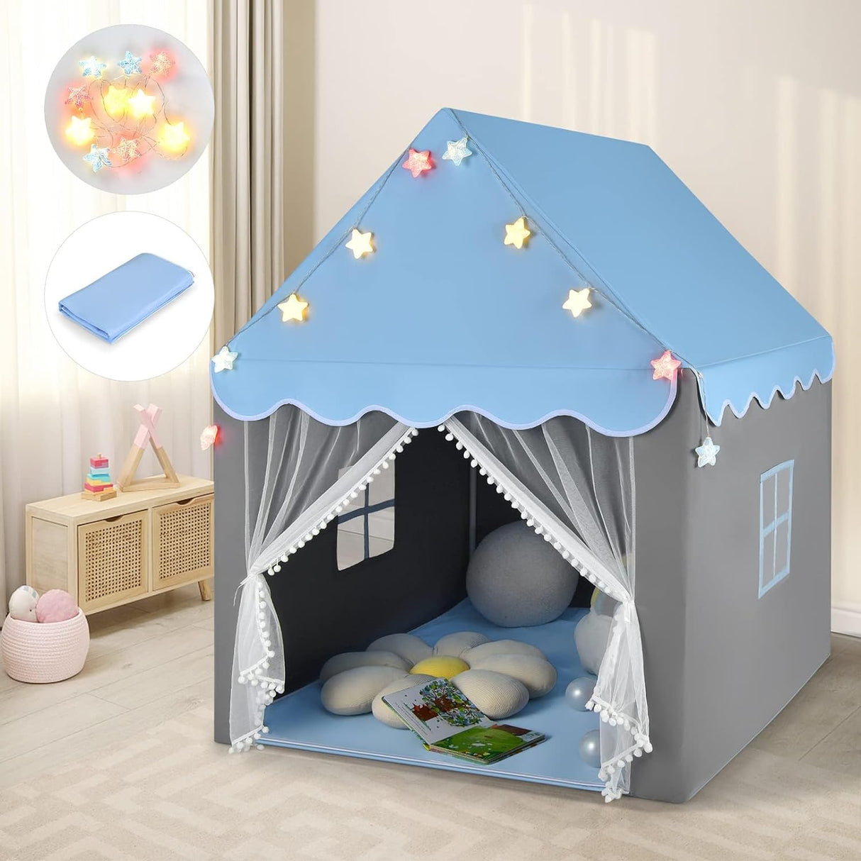 HONEY JOY Large Play Tent, Kids & Toddlers Playhouse with Washable Cotton Mat, Star Lights, Windows