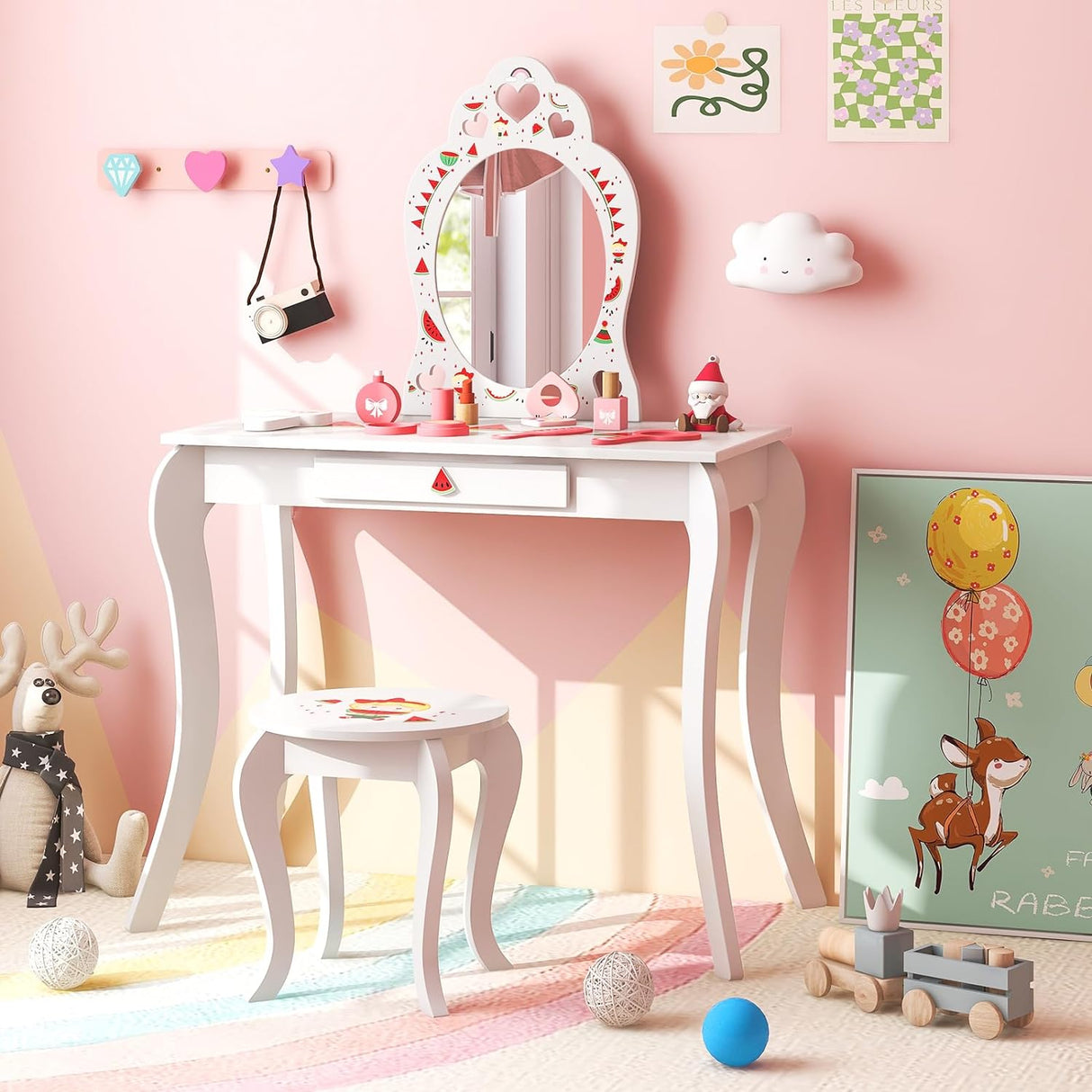 HONEY JOY Kids Vanity Table & Stool Set, Girls Makeup Dressing Desk Chair