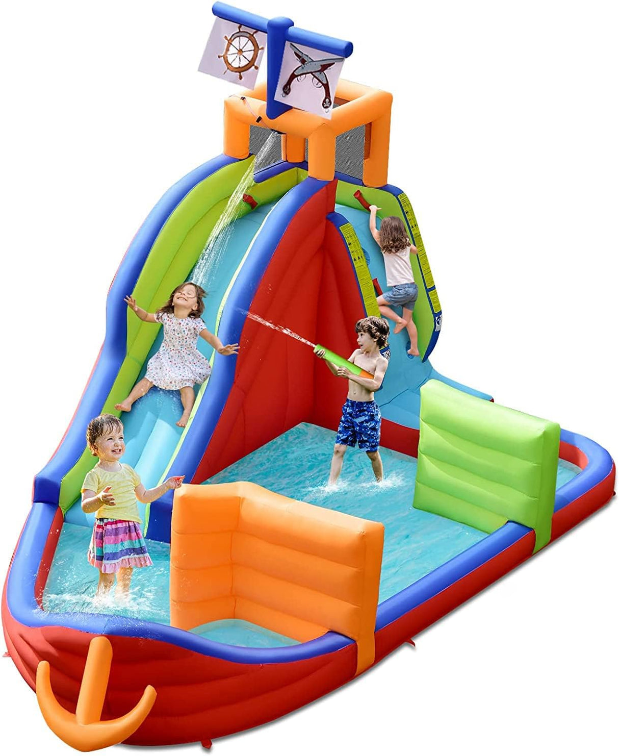 HONEY JOY Inflatable Waterslide, 6-in-1 Pirate Ship Bounce House w/Long Slide, Climbing Wall, Splash Pool