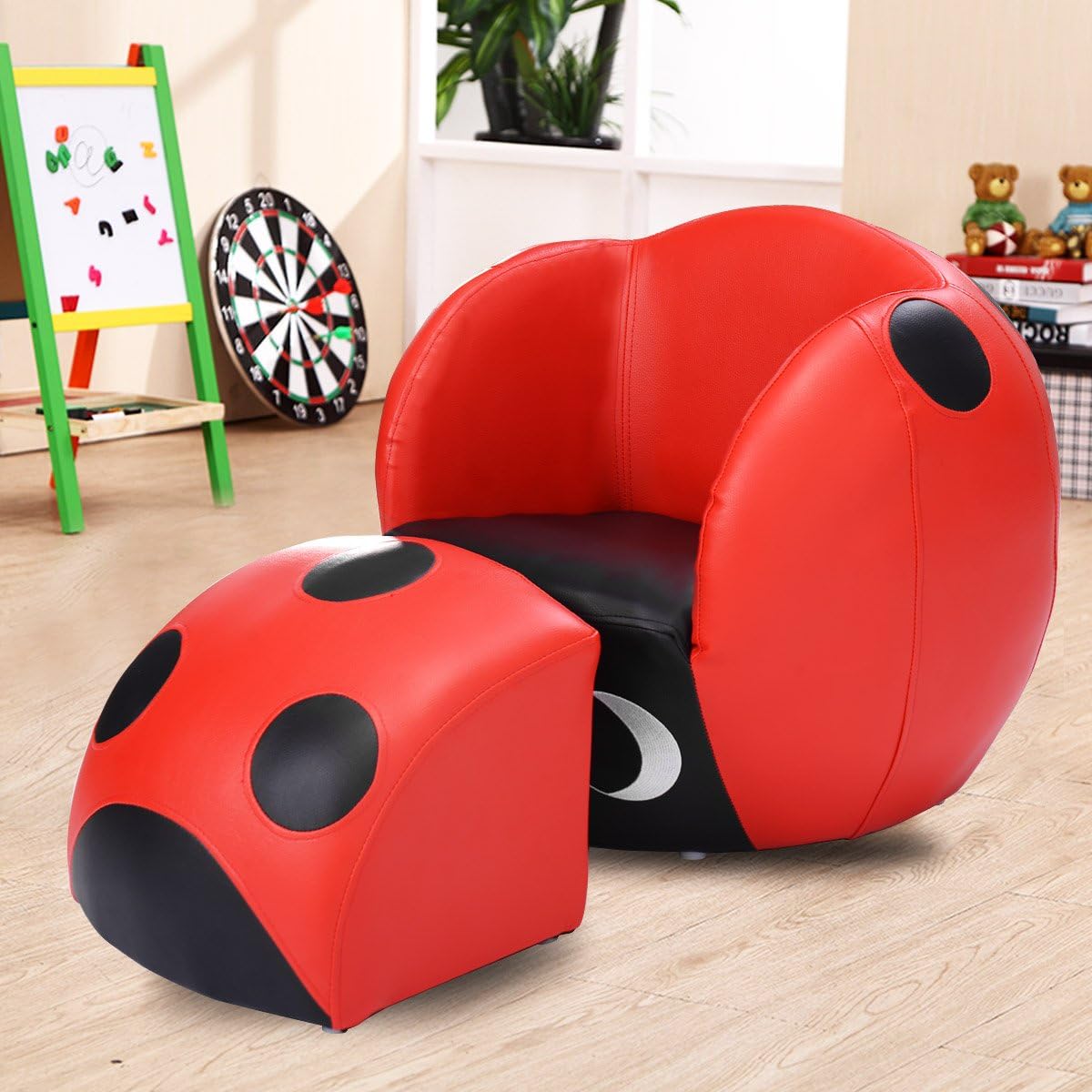 HONEY JOY Kids Sofa with Ottoman, Children Couch Armchair w/Footstool, Football Shaped Armrest Chair