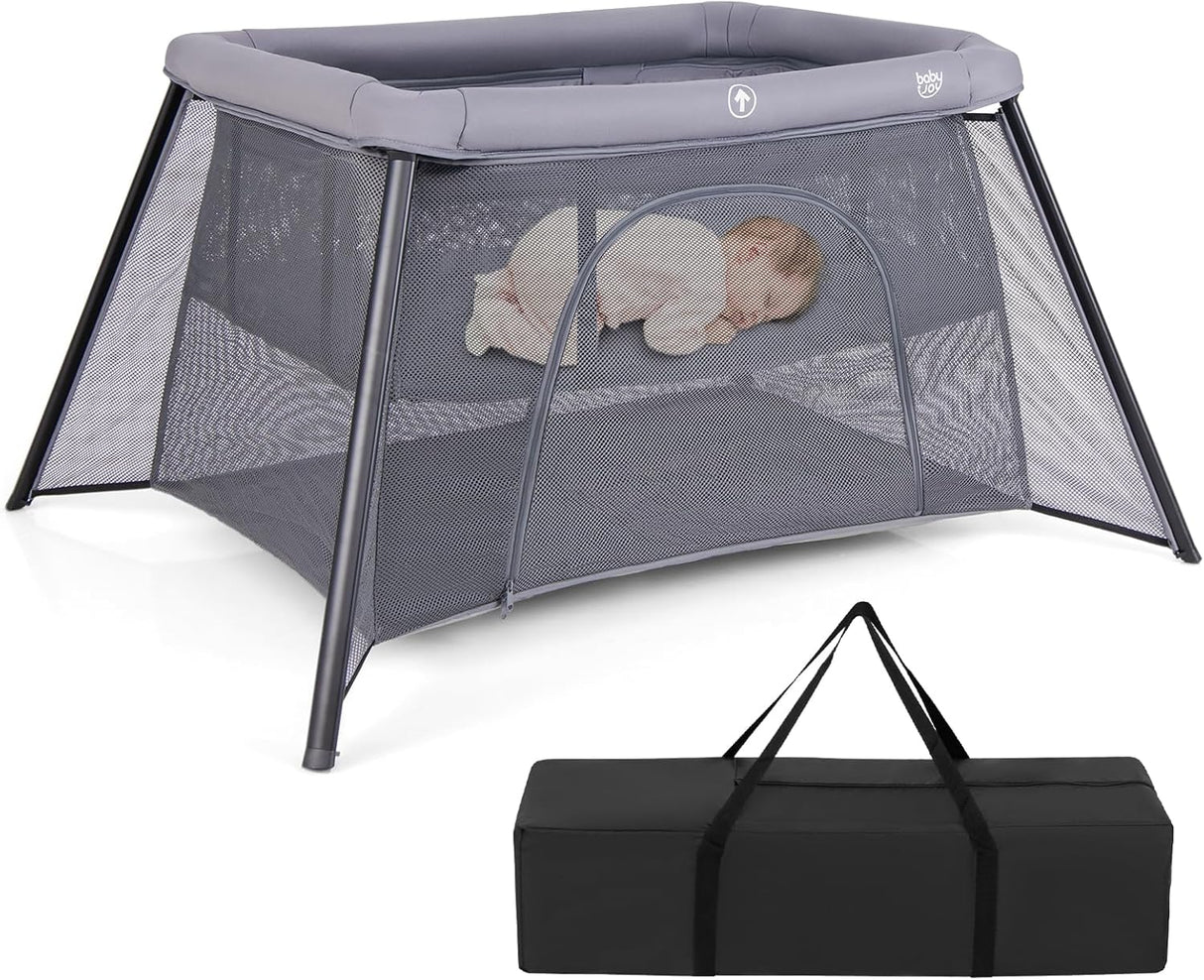 BABY JOY Foldable Portacot, 2-in-1 Baby Travel Cot with Safety Enclosure & Padded Mattress