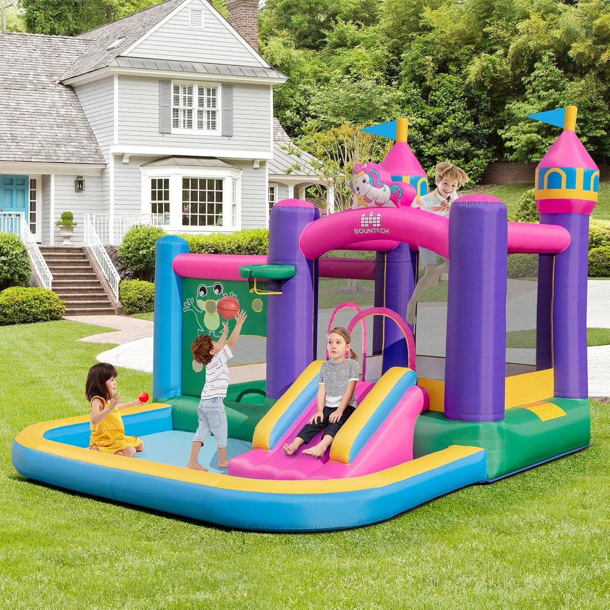 HONEY JOY Inflatable Bounce House, Colorful Kids Jumping Castle with Slide, Ball Pit Pools