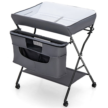 BABY JOY Foldable Baby Changing Table, 4-in-1 Diaper Station w/4 Adjustable Heights & 4 Lockable Wheels