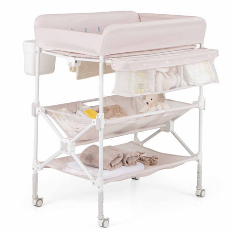 BABY JOY Portable Baby Changing Table w/ Wheels, Foldable Waterproof Diaper Changing Station w/ Adjustable Height