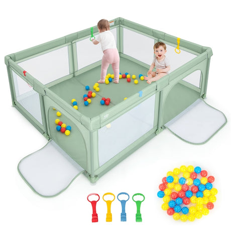 BABY JOY Baby Playpen 185 x 155 x 69 cm Large Play Yard for Infants w/4 Pull Rings, 50 Ocean Balls & Carrying Bag