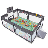 204 × 147 cm Large Baby Playpen, Baby Playard with Basketball Hoop, Soccer Gates, Pull Rings, Zippered Doors & Ocean Balls