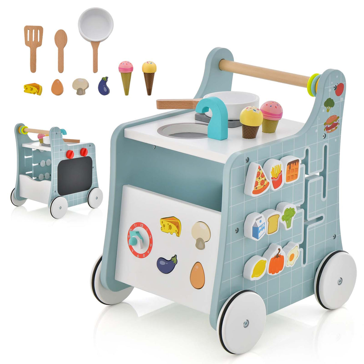 BABY JOY 6-in-1 Wooden Baby Walker, Toddler Push and Pull Learning Activity Center w/Play Kitchen, Teaching Clock