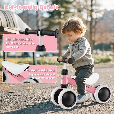 BABY JOY Baby Balance Bike, No Pedal Infant 4 Wheels Bicycle with Non-slip Handlerbar & Padded Saddle Seat, 135° Safe Limit Steer Walker Bike