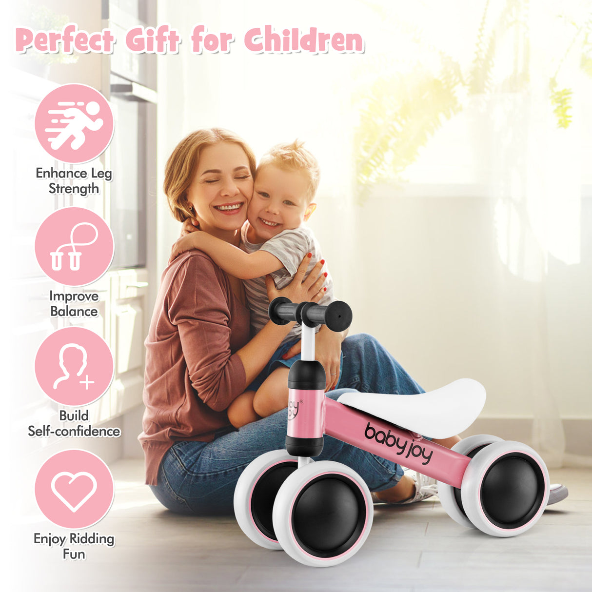 BABY JOY Baby Balance Bike, No Pedal Infant 4 Wheels Bicycle with Non-slip Handlerbar & Padded Saddle Seat, 135° Safe Limit Steer Walker Bike