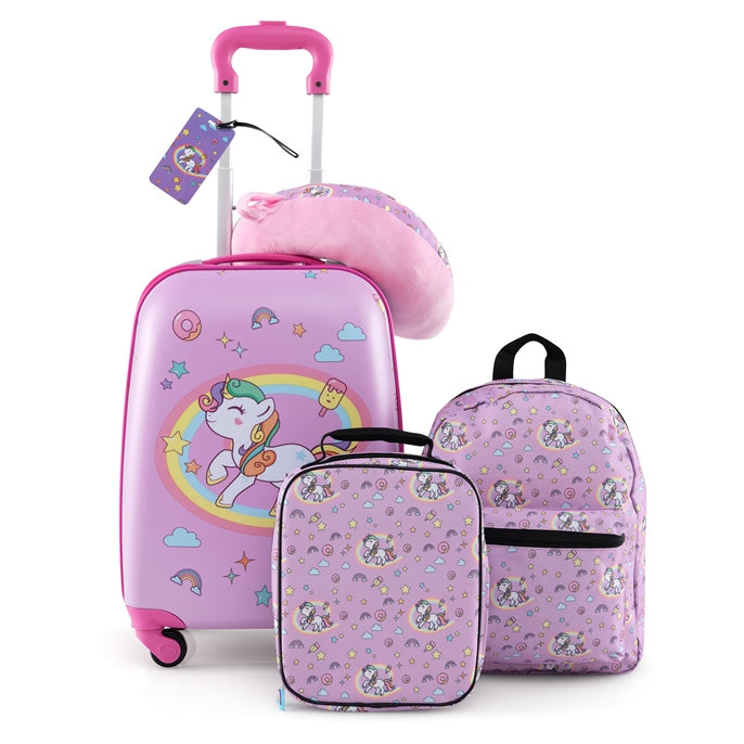 BABY JOY 5 Pieces Kids Luggage Set, Carry-on Children Rolling Suitcase Set w/Backpack, Neck Pillow, Name Tag, Lunch Bag