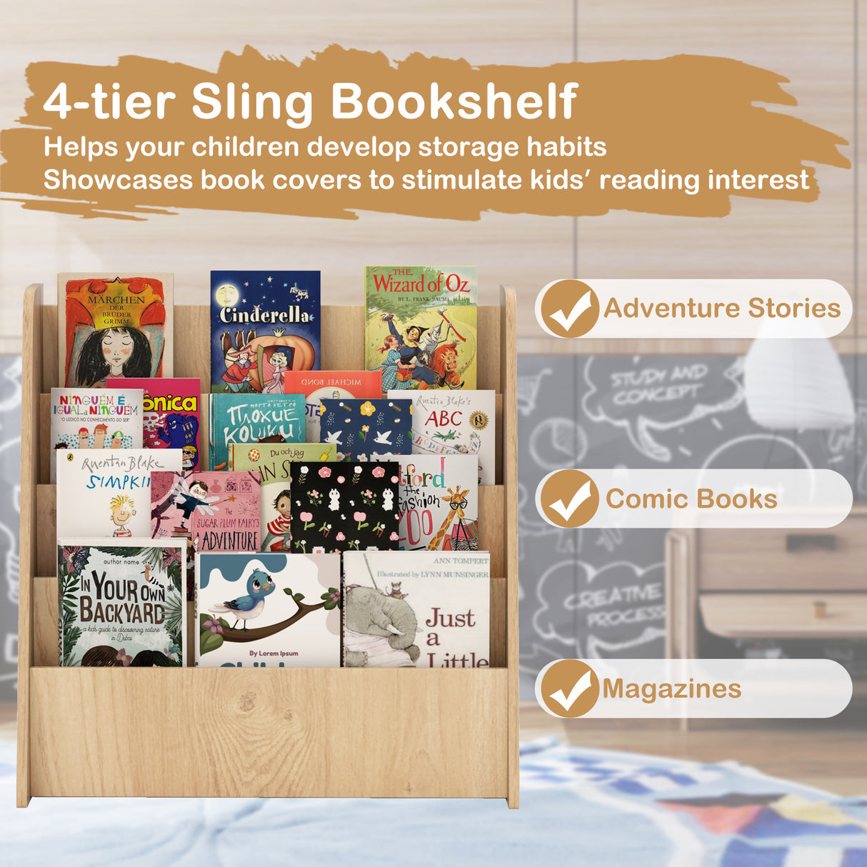 4-Tier Kids Wooden Bookshelf with Deep Compartments