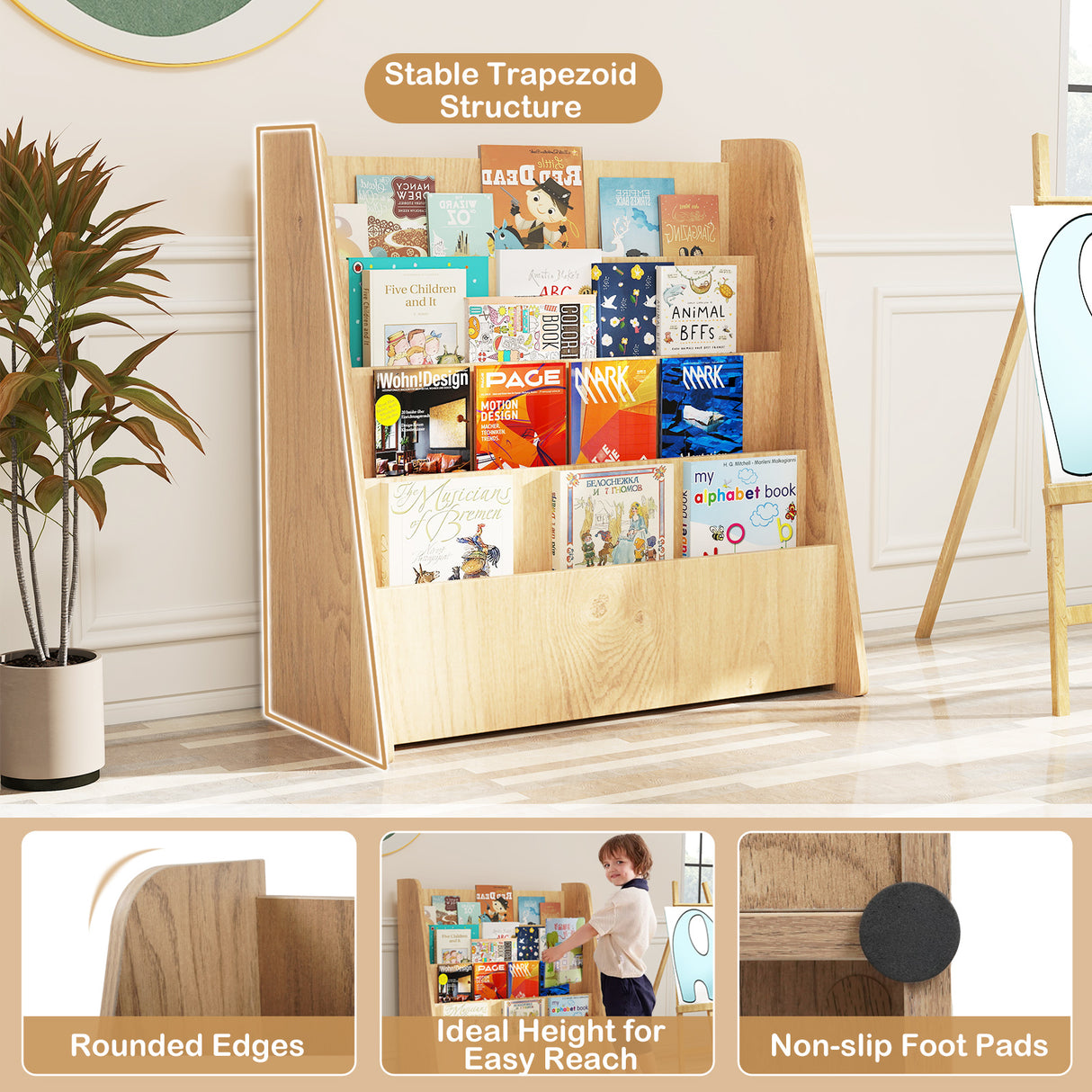 4-Tier Kids Wooden Bookshelf with Deep Compartments