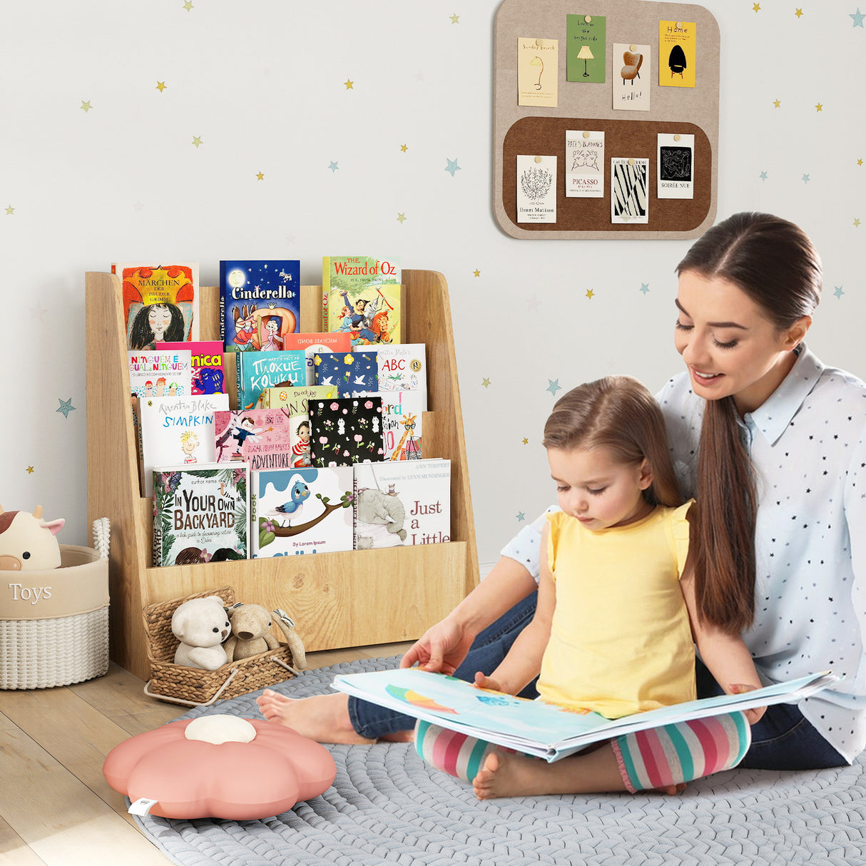 4-Tier Kids Wooden Bookshelf with Deep Compartments